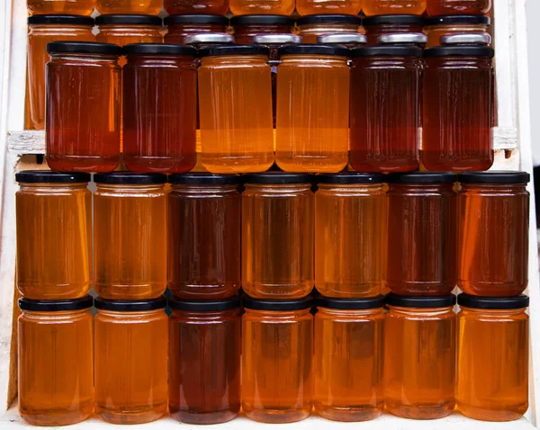 Jars Different Honey Varieties Stocked Shelf — Stock Photo, Image