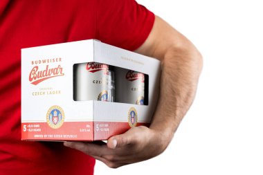 Dnipro, Ukrayna 14 Ekim 2025: Budweiser Budvar 'ın bira kutusu elinde. Budweiser, Budweiser Budvar tarafından Çek Cumhuriyeti 'nde yapılmıştır.
