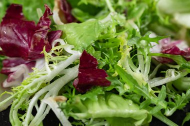 Yığılmış alan yeşil taze karışık salata görünümü kapatın.