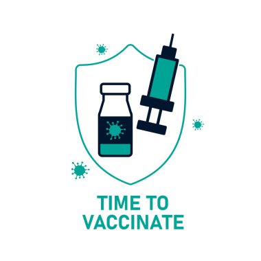 Aşı zamanı. Web tasarımı için modern düz konsept. Şırıngayla, aşıyla, şişeyle ve virüsle vektör çizimi. Eps 10