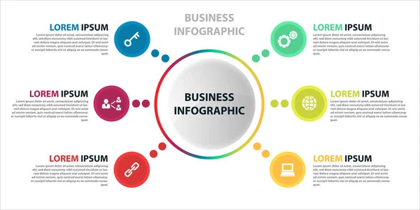 Daireli döngüsel diyagram bilgisi. 6 seçenek, adım ya da parçalı modern bilgi tasarımı şablonu. İş sunumu için düz vektör illüstrasyonu.