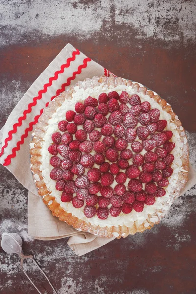 Raspberry tart with powdered sugar and fresh raspberries — Stock Photo, Image