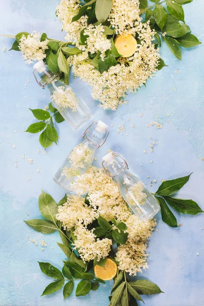 Homemade Elderflower Syrup Fresh Elderflowers Top View Blank Space — Stock Photo, Image