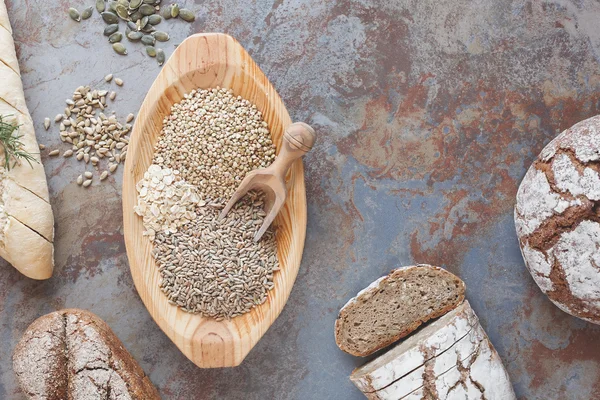 Bread Different Seeds Grains Table Rustic Wooden Dough Bowl Top — Stock Photo, Image