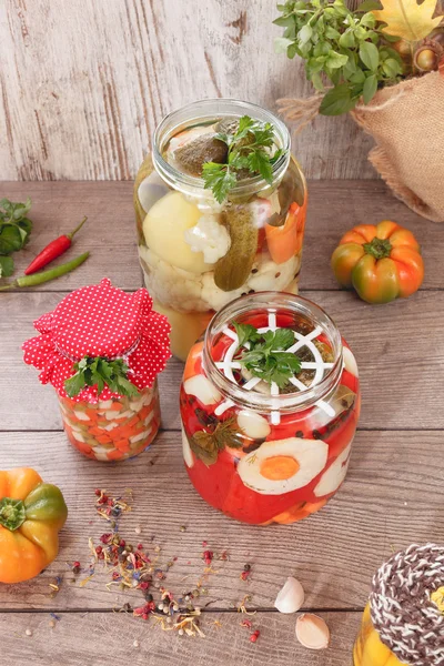 Pickled vegetables. Assorted mixed vegetables in preserving jars — Stock Photo, Image