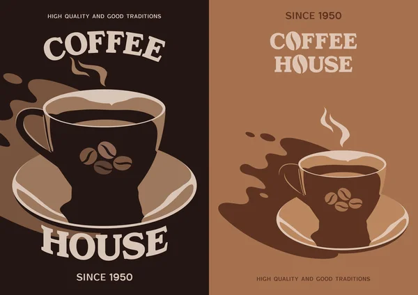 Diseño de la cubierta del folleto del folleto del cartel del cartel del vector de Coffee House con taza y platillo — Vector de stock