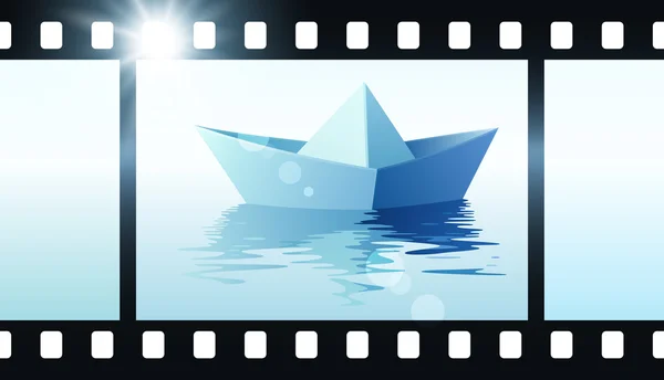 Fotofilm mit Origami-Boot. Vektorillustration des Papierschiffes auf dem Wasser — Stockvektor