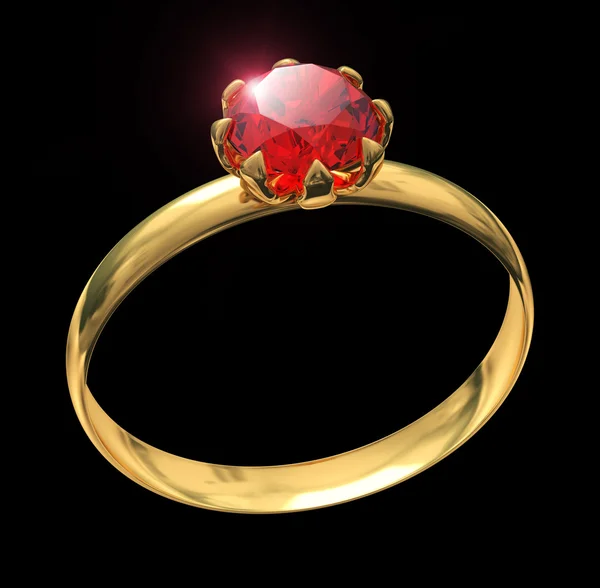 Golden ring with ruby gem isolated on black — Stock Photo, Image