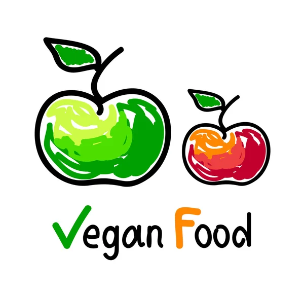 Vegan emblema de comida com ícones de frutas de maçã verde e vermelho —  Vetores de Stock