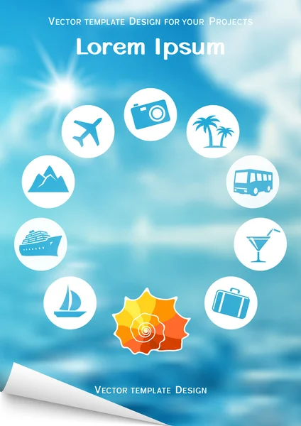 El ilanı deniz kabuğu ile tasarım ve simgeler üzerinde arka plan bulanık seyahat