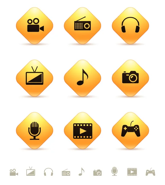 Iconos multimedia en botones rombicos amarillos — Vector de stock