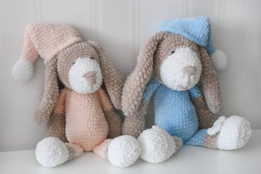 Kız ve erkek için el yapımı güzel, yumuşak bir köpek. Amigurumi el yapımı oyuncak..