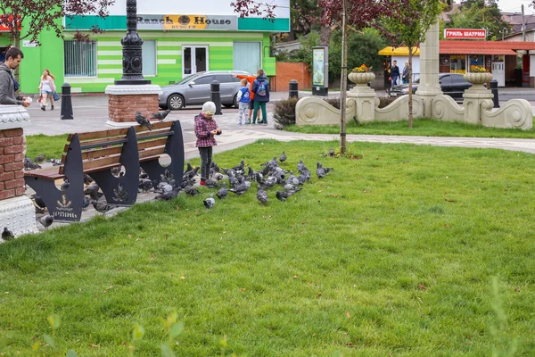 2014 Irpin Ukraine August 2019 Girl Feeding Pigeons 비둘기 비둘기가 — 스톡 사진