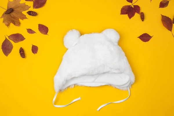 时髦的儿童服装 有耳朵的白色蓬松的帽子 秋天收集 顶视图 扁平层 — 图库照片