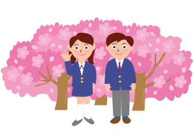 Spor ceketli erkek ve bayan öğrenciler çiçek açmış bir kiraz ağacının önünde.