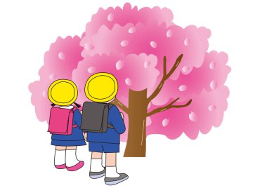 İlkokul çocuğu ve okul çantaları takan kızın çiçek açan kiraz ağaçlarına bakışları.