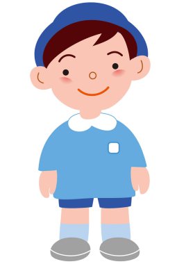 Anaokulu üniforması giyen ve ileriye bakan bir çocuğun tüm vücudu.