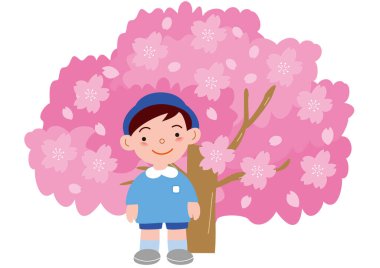 Çiçekli bir kiraz ağacının önünde bir çocuk anaokulu çocuğu.