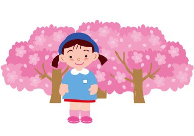 Çiçek açmış bir kiraz ağacının önünde bir anaokulu kızı.