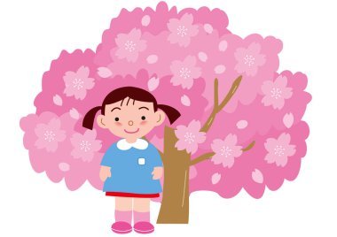 Çiçek açmış bir kiraz ağacının önünde bir anaokulu kızı.