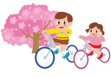 Bir kız ve bir oğlan, yanında kiraz çiçekleriyle bisiklet sürüyorlar.
