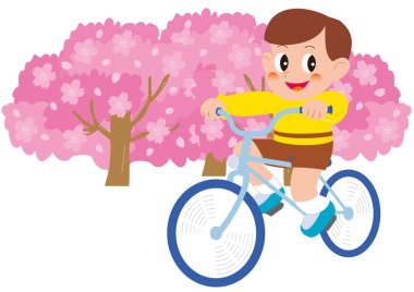 Yanında çiçek açmış kiraz çiçekleriyle bisiklet süren bir çocuk.