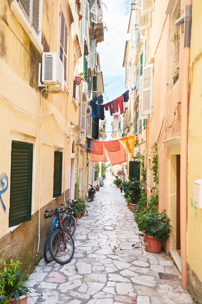 Traditional street in the old town of Corfu island, Greece
