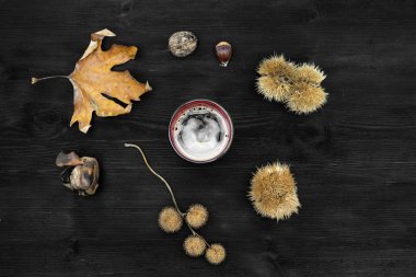 Yaprak, chestn doğal Noel süslemeleri ile kahve saati