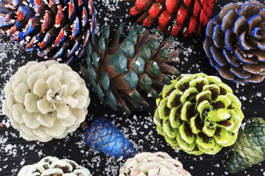 Farklı boya ile boyanmış pinecones