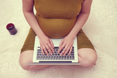 Genç hamile kadın ev üstünde laptop ile rahatlatıcı 