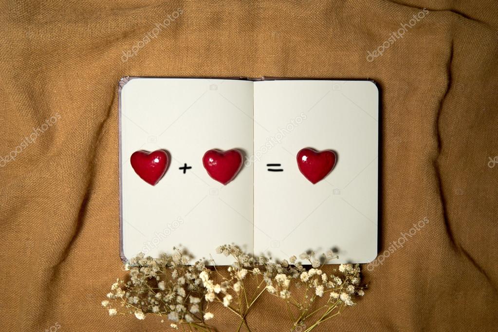 Blank notebook with hearts on Sackcloth background