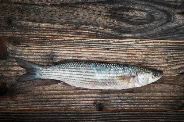 Rå fisk över trä bakgrund, ovanifrån — Stockfoto