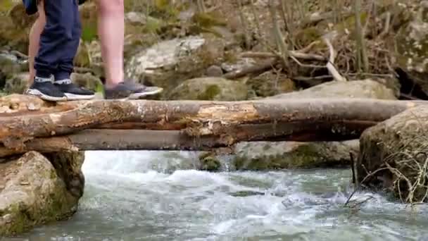 Papa helpt een kind een geïmproviseerde brug over een rivier over te steken. — Stockvideo