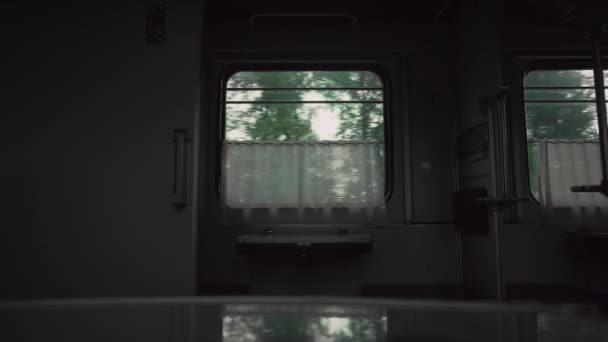 Compartimento interno do autocarro do corredor russain do comboio ferroviário de passageiros. Vista da janela. Vagão de carruagem ferroviário vazio que atravessa a floresta de dia. Viagens e turismo. Ninguém, ninguém. Interior — Vídeo de Stock