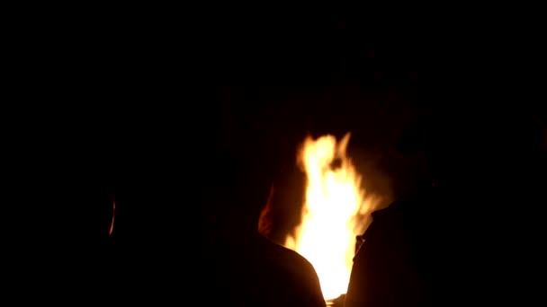 Mensen zitten 's nachts bij het vuur. Het concept van wandelen en recreatie in de natuur, achtergrond, toerisme — Stockvideo