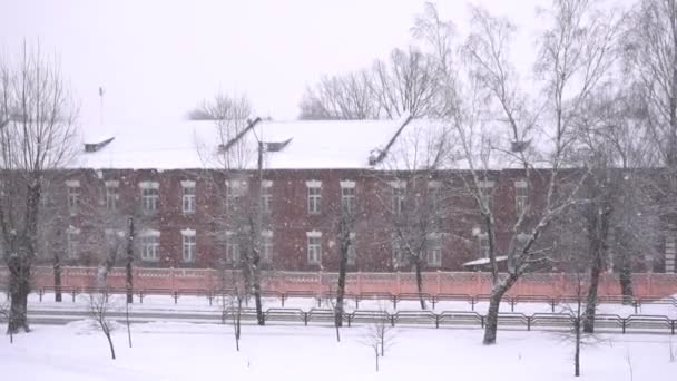 Великий снігопад падає в місті на тлі старої будівлі. Зима, простір копіювання, повільний mo — стокове відео