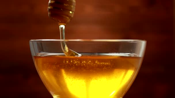 Πυκνό μέλι μέλισσας με χρυσαφί χρώμα σε διάφανο μπολ σε ξύλινο φόντο. Υγιεινά φυσικά γλυκά έννοια, μέλι dipper — Αρχείο Βίντεο