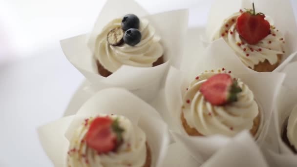 Délicieux gâteaux à la crème aux fraises et bleuets frais, dessert. — Video