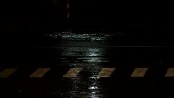 Hujan di genangan air kota malam, latar belakang. Hujan lebat turun melalui kota, di luar ruangan — Stok Video