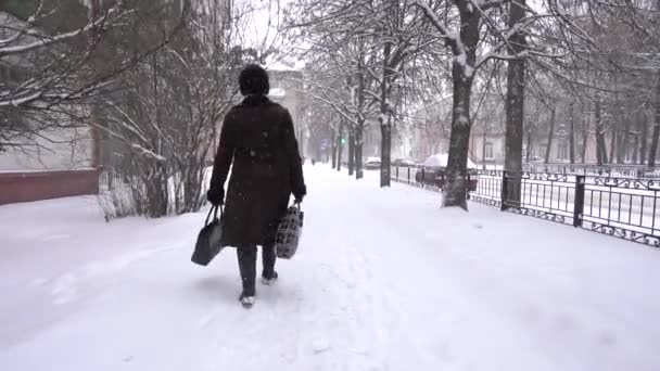 Une femme avec des sacs se promène dans la ville d'hiver dans la neige, au ralenti — Video