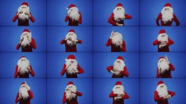Birçok Noel Baba mavi perde arka planındaki pencereler arasında dans eder. Noel ve Yeni Yıl konsepti. İndirim, promosyon, satış. Beyaz sakallı ve kırmızı şapkalı adamlar vücutlarını sallıyor.
