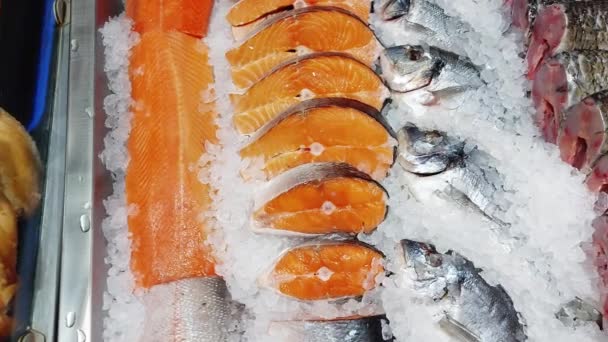 Truta de peixe vermelho são vendidos em exposição em uma loja. Deliciosos e saudáveis frutos do mar, congelados — Vídeo de Stock