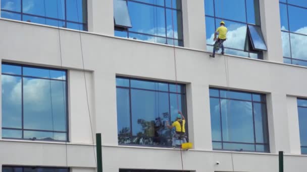 Fensterputzer arbeiten außerhalb des Gebäudes. Professionelle Fassadenarbeiten in luftiger Höhe mit einem Sicherungsseil. Reinigungsservice. Gefährliches Risiko für männlichen Extremjob. Alpinisten. Sicherheit — Stockvideo