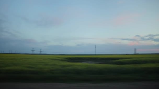 View from the car window on a trip. Evening beautiful sky and fields with grass. Copy space for text, landscape and power lines — Stock Video