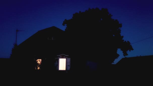 Rustic house with light in the windows at night. Lonely standing tree, background. Outdoor — Stockvideo
