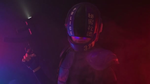 Cyberpunk concept, future world. Police officer cop, halfman bionic cyborg or android holds weapon gun with lantern is in dark in smoke. Science fiction scene, fantasy, sci. Portrait. Red blue light — Stockvideo