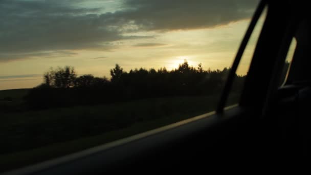 Θέα από το παράθυρο του αυτοκινήτου στην όμορφη καλοκαιρινή φύση. Πεδία με δάση στο φόντο των ακτίνων του ηλιοβασιλέματος. Αντιγραφή χώρου για κείμενο. Όμορφο τοπίο — Αρχείο Βίντεο
