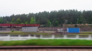 Yük treninin penceresinden ve demiryolundan ormanın ve doğanın arka planına bakın. Peyzaj