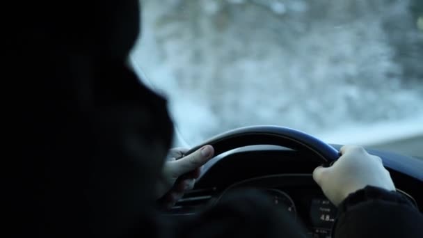 Mans mani tenere il volante di un'autovettura, viaggio in inverno. Foresta innevata, sfondo. Copia spazio per testo — Video Stock