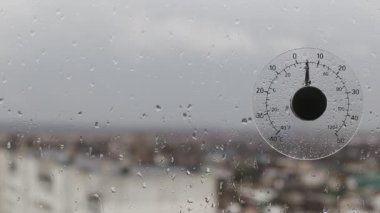 Pencerenin dışındaki sonbaharda açık havada sıcaklık ölçer. Kötü yağmurlu ve rüzgarlı hava. Metin için alanı kopyala